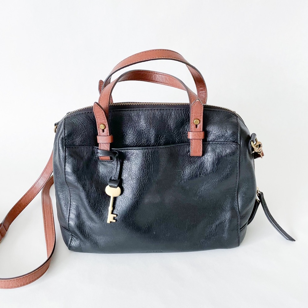 Fossil 100% Leather Black and Cognac Rachel Satchel Purse - Picture 1 of 7